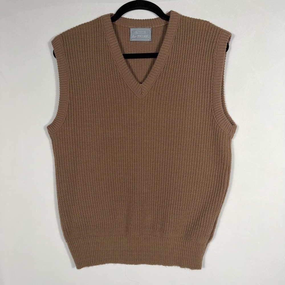 Vtg‎ 80s Le Tigre Knit Sweater Vest M Brown Ribbed V-neck Academic Fisherman USA